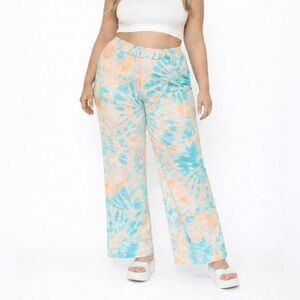 Ady P Tie Dye Feminine Wide Leg Pants 2X NWT Blue Pink Blush Lounge Festival